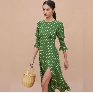Reformation size 12 green polka dot high slit dress.